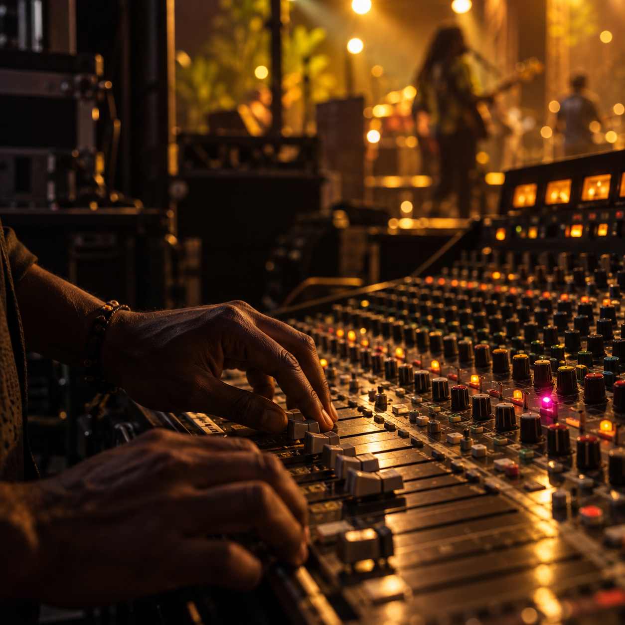 Hands working an analogue mixing console under warm concert lights