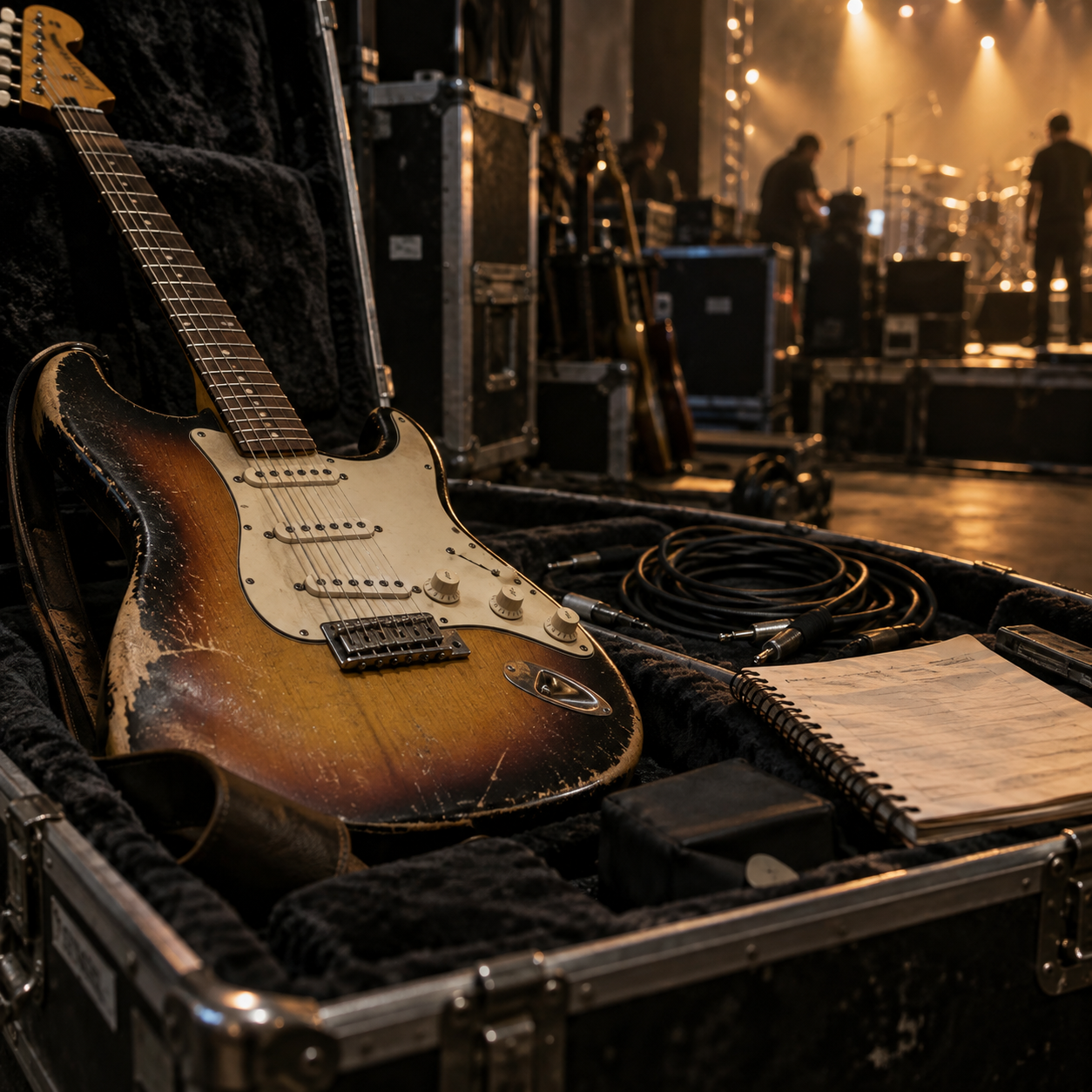 Electric guitar and touring equipment backstage