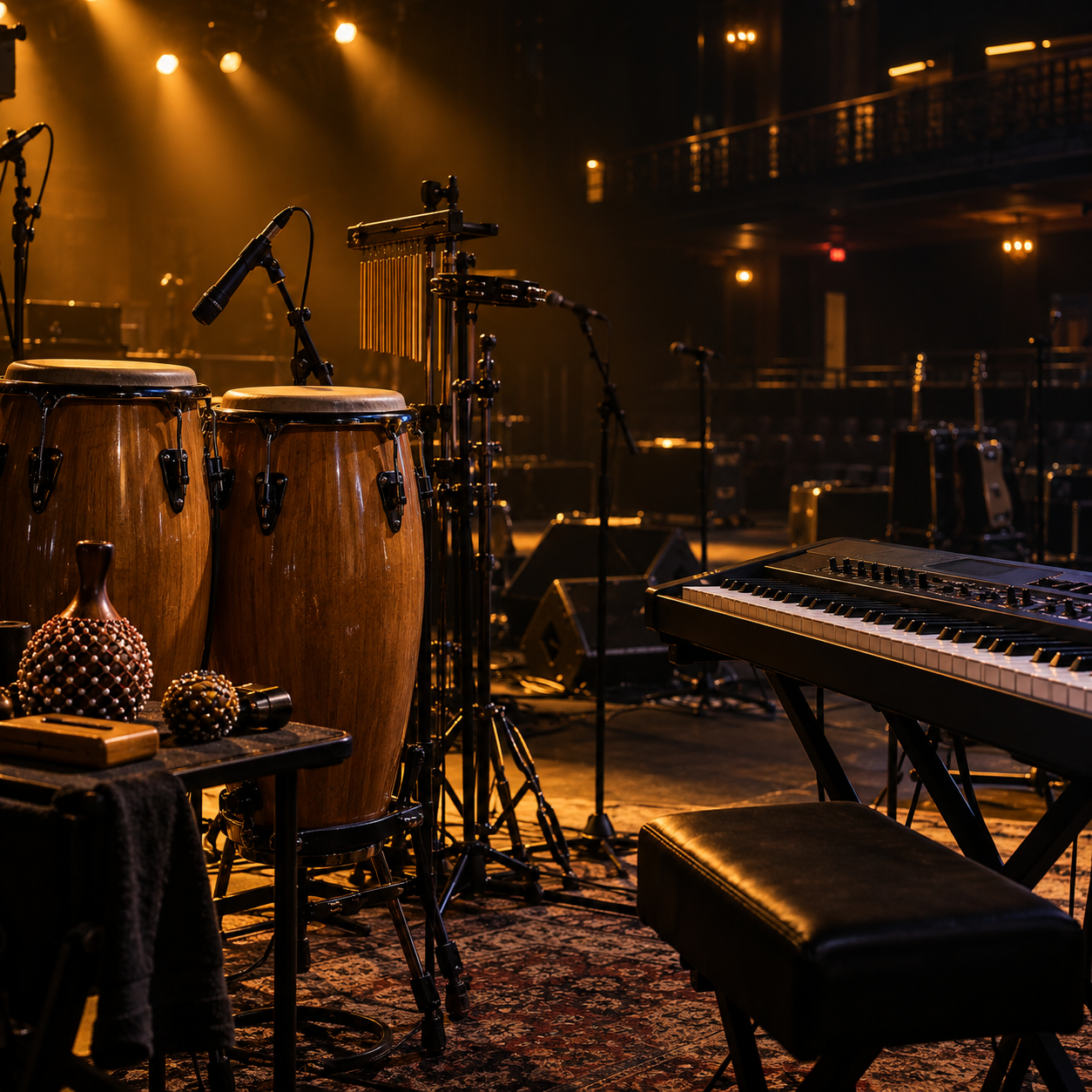 Percussion and keyboard soundcheck on stage