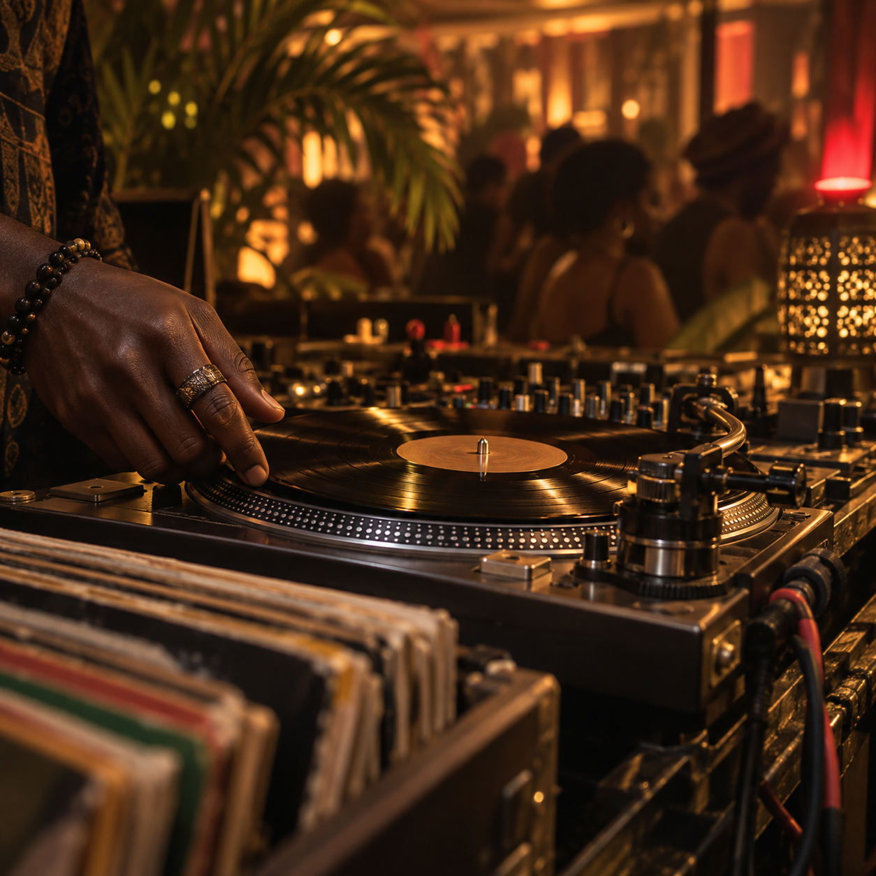 Vinyl DJ booth in warm club light